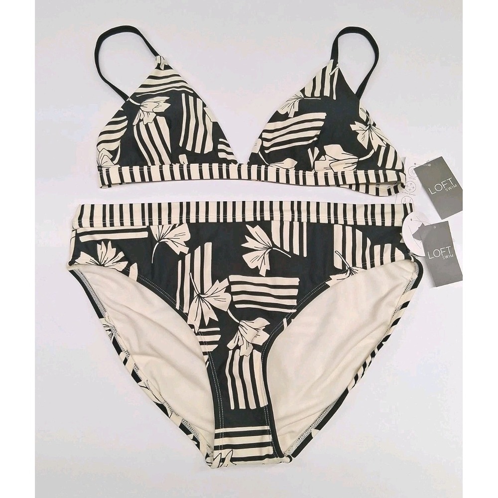 LOFT SWIM Womens 2-Piece Fixed Triangle Bikini-Midnight Pressed Floral SZ Large